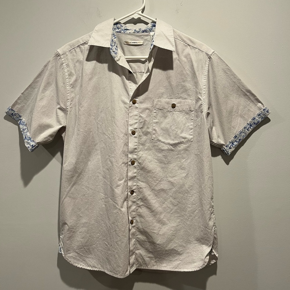 Moda Campia Moda Light Tan Button-Down Shirt with Blue Trim